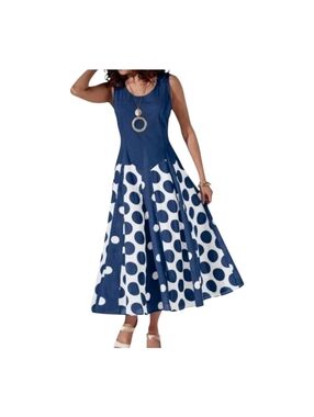 Retro Summer Maxi Dress Studio EY All the Dots Flowy Sundress Blue size L Large